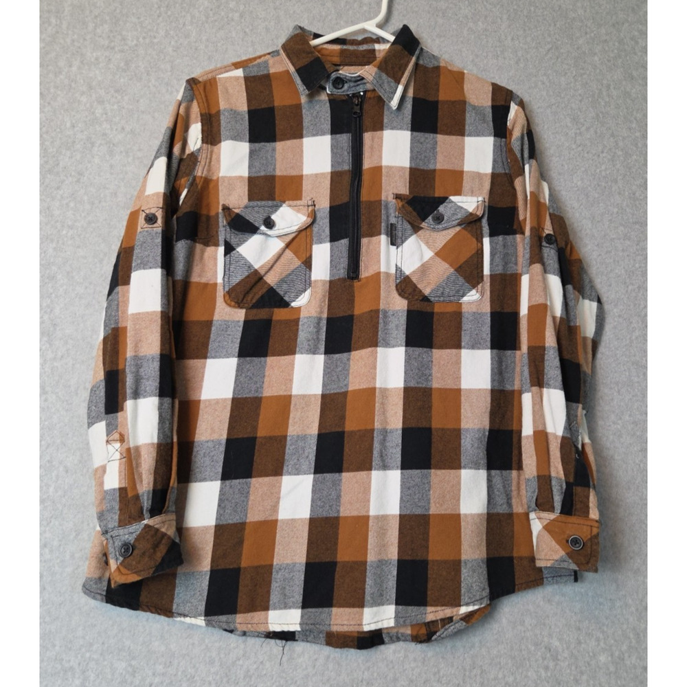 Five Brother 100% Cotton Brown Plaid LS 1/4 Zip Pullover Flannel Shirt Men's Lrg